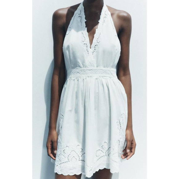 Zara White Cotton Eyelet Embroidered V-Neck Mini Halter Dress Lined Size Large - Picture 1 of 13